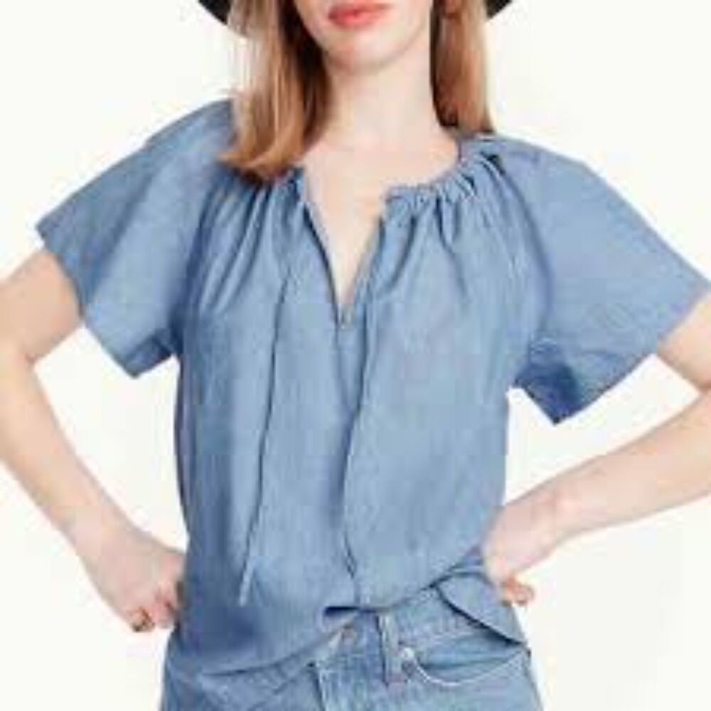 J Crew Tie Neck Chambray Boho Festival Spring Shirt Blouse Size M